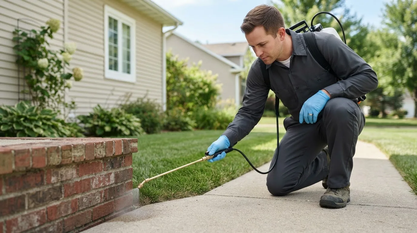 Pest control technician treating a home near Friedheim, MO