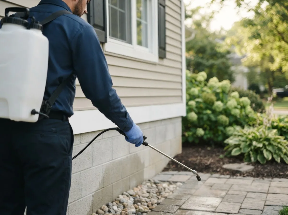 Pest control technician inspecting a home in Friedheim, MO